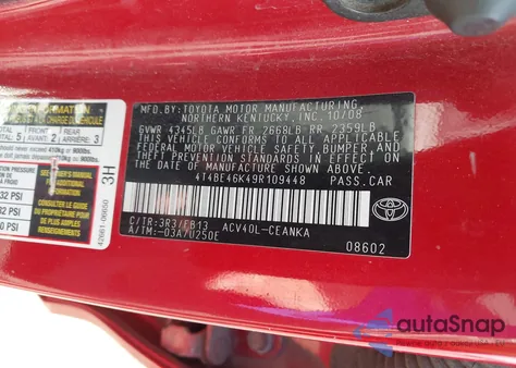 2009 Toyota Camry Le z USA, uszkodzony, nr VIN 4T4BE46K49R109448